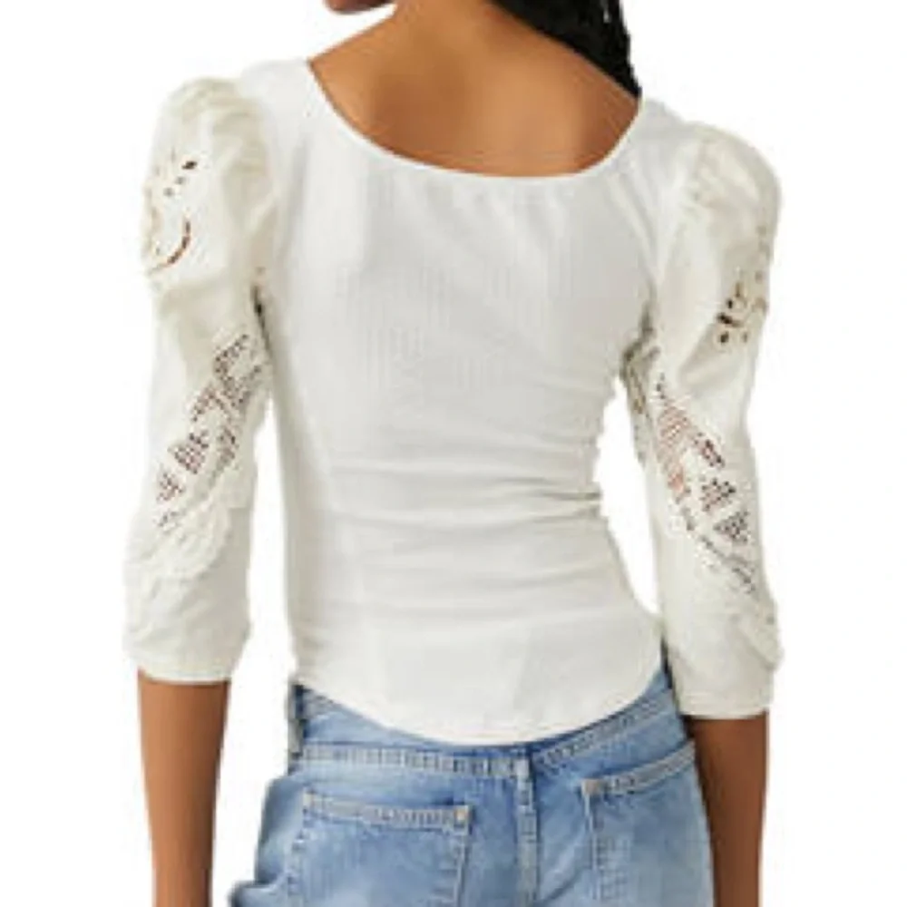 NEW Free People Brunch Date Knit V-Neck 3/4 Puffed Sleeve Top XL